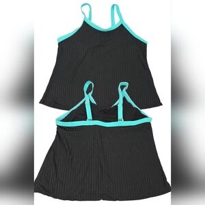 Shein 3X Black & Teal Ribbed Tankini Top W/White Stitched Trim 2154-X